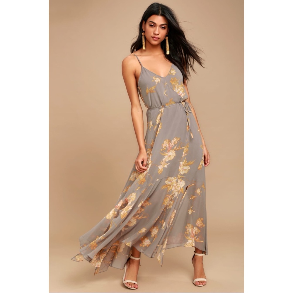 Lulus Feeling Freesia Grey Floral Print Maxi Dress